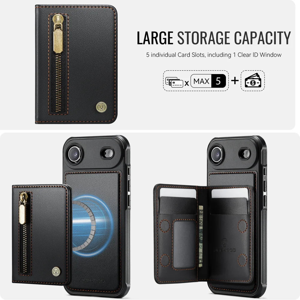 JEEHOOD For iPhone Air Case  J12 Magnetic  Detachable Zipper Wallet Kickstand Leather Back Cover Compatible with MagSafe - Black - 5