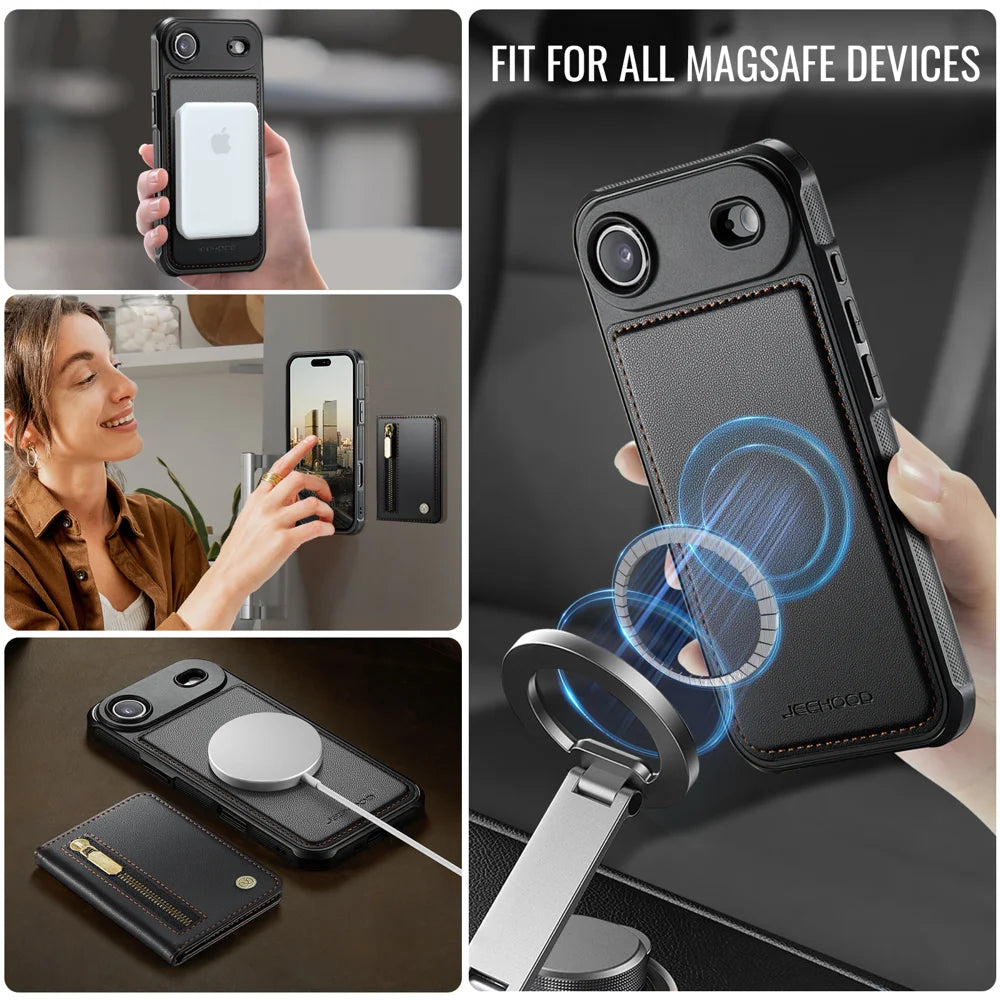 JEEHOOD For iPhone Air Case  J12 Magnetic  Detachable Zipper Wallet Kickstand Leather Back Cover Compatible with MagSafe - Black - 6