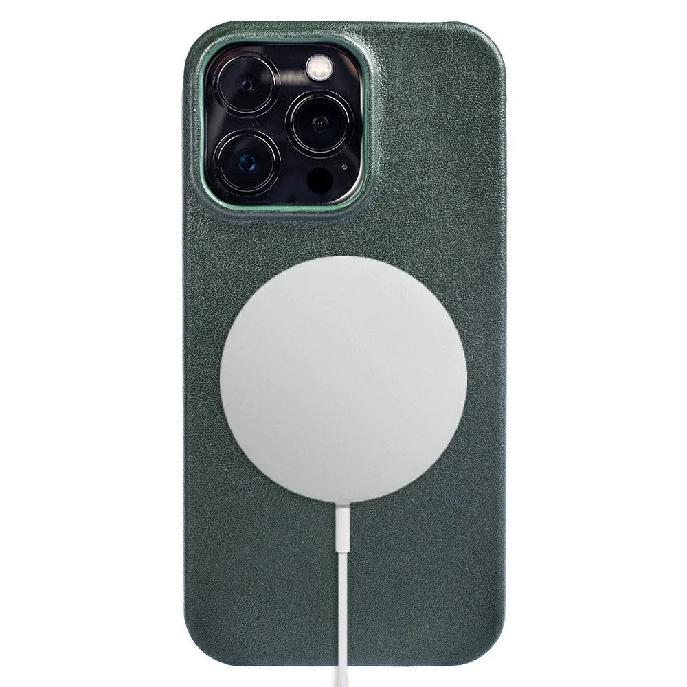 For iPhone 16 Pro Case Compatible with MagSafe Nappa Texture Genuine Cow Leather + PC Phone Cover - Dark Green - 1