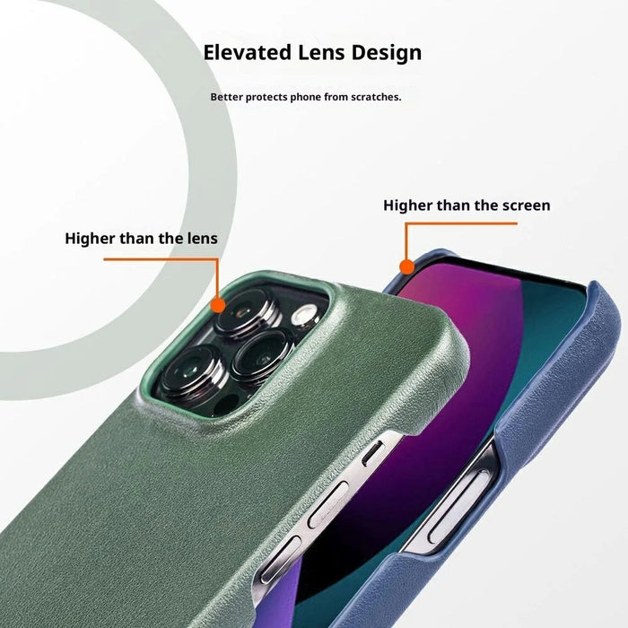 For iPhone 16 Pro Case Compatible with MagSafe Nappa Texture Genuine Cow Leather + PC Phone Cover - Dark Green - 2
