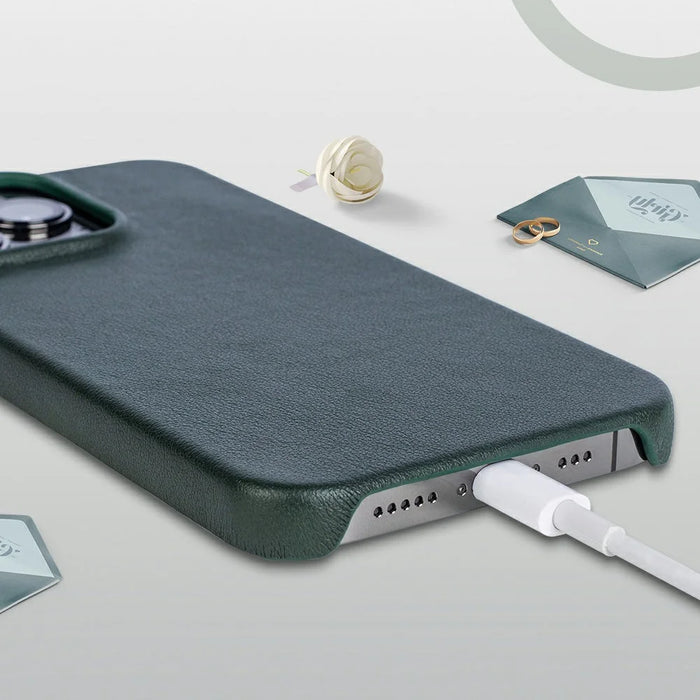 For iPhone 16 Pro Case Compatible with MagSafe Nappa Texture Genuine Cow Leather + PC Phone Cover - Dark Green - 4