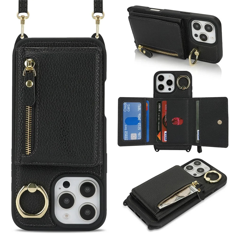 For iPhone 16 Pro Max Case Card Bag Ring Holder Litchi Texture Leather + TPU Phone Cover with Long Strap - Black - 1