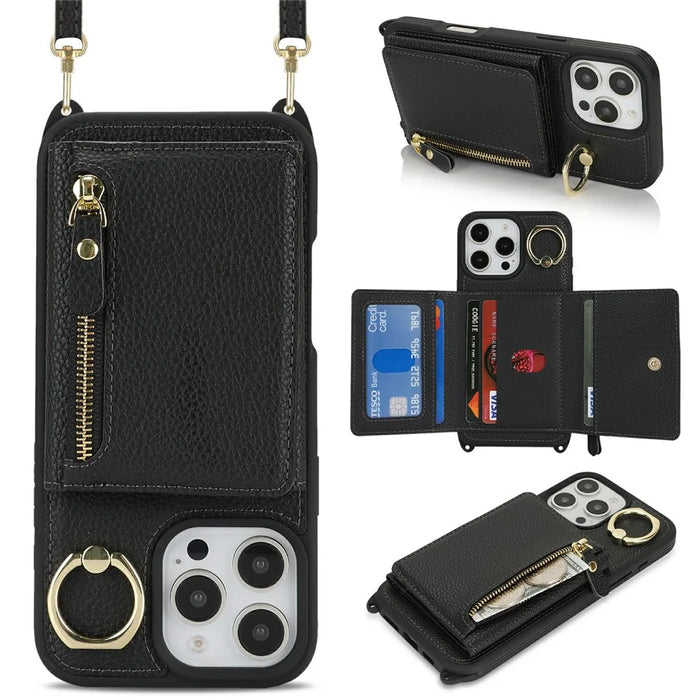 For iPhone 16 Pro Max Case Card Bag Ring Holder Litchi Texture Leather + TPU Phone Cover with Long Strap - Black - 1