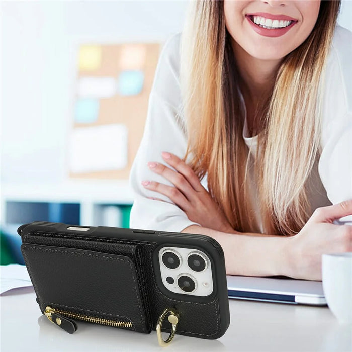 For iPhone 16 Pro Max Case Card Bag Ring Holder Litchi Texture Leather + TPU Phone Cover with Long Strap - Black - 5