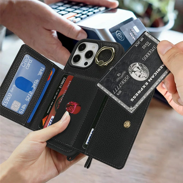 For iPhone 16 Pro Max Case Card Bag Ring Holder Litchi Texture Leather + TPU Phone Cover with Long Strap - Black - 6