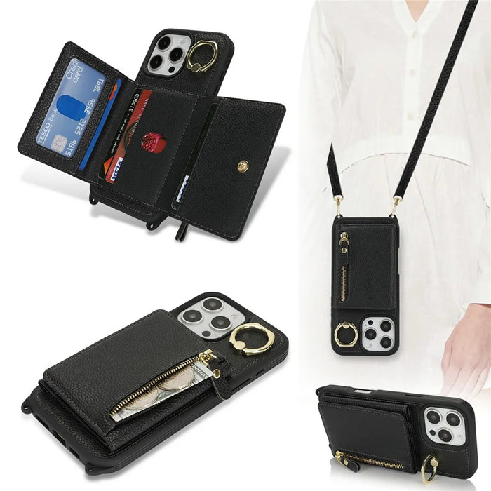 For iPhone 16 Pro Max Case Card Bag Ring Holder Litchi Texture Leather + TPU Phone Cover with Long Strap - Black - 7