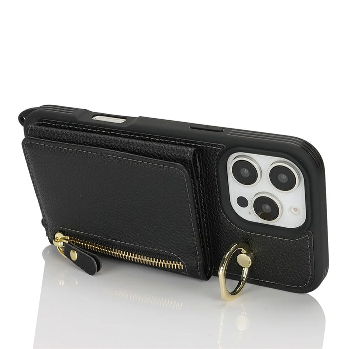 For iPhone 16 Pro Case Card Bag Ring Holder Litchi Texture Leather + TPU Phone Cover with Long Strap - Black - 3
