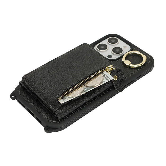 For iPhone 16 Pro Case Card Bag Ring Holder Litchi Texture Leather + TPU Phone Cover with Long Strap - Black - 4