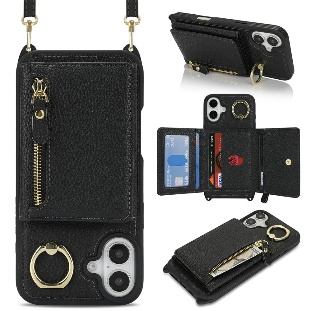 For iPhone 16 Case Card Bag Ring Holder Litchi Texture Leather + TPU Phone Cover with Long Strap - Black - 1