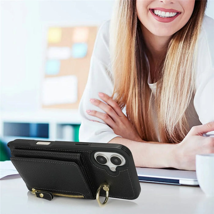 For iPhone 16 Case Card Bag Ring Holder Litchi Texture Leather + TPU Phone Cover with Long Strap - Black - 5