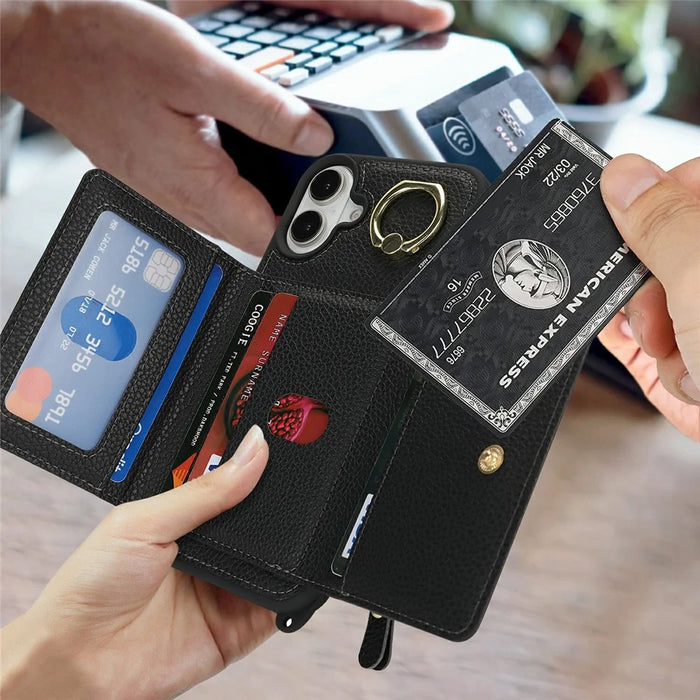 For iPhone 16 Case Card Bag Ring Holder Litchi Texture Leather + TPU Phone Cover with Long Strap - Black - 6