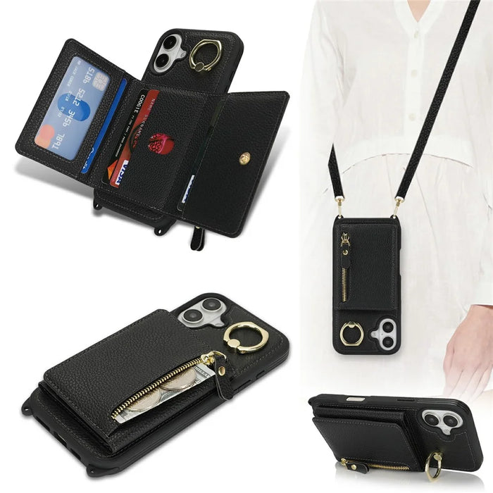 For iPhone 16 Case Card Bag Ring Holder Litchi Texture Leather + TPU Phone Cover with Long Strap - Black - 7