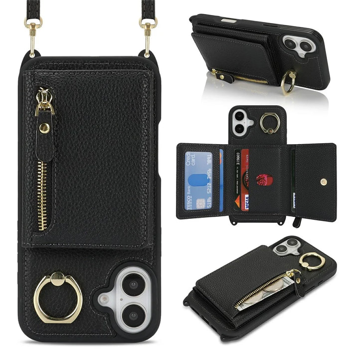 For iPhone 16 Plus Case Card Bag Ring Holder Litchi Texture Leather+TPU Phone Cover with Long Strap - Black - 1