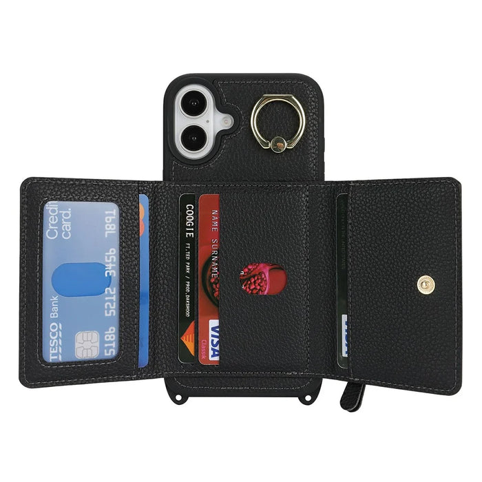 For iPhone 16 Plus Case Card Bag Ring Holder Litchi Texture Leather+TPU Phone Cover with Long Strap - Black - 2
