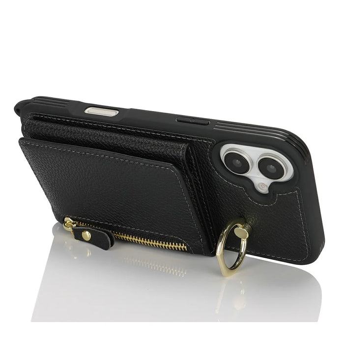For iPhone 16 Plus Case Card Bag Ring Holder Litchi Texture Leather+TPU Phone Cover with Long Strap - Black - 3