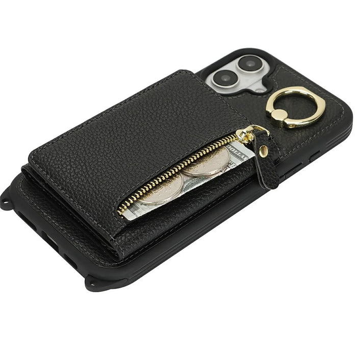 For iPhone 16 Plus Case Card Bag Ring Holder Litchi Texture Leather+TPU Phone Cover with Long Strap - Black - 4