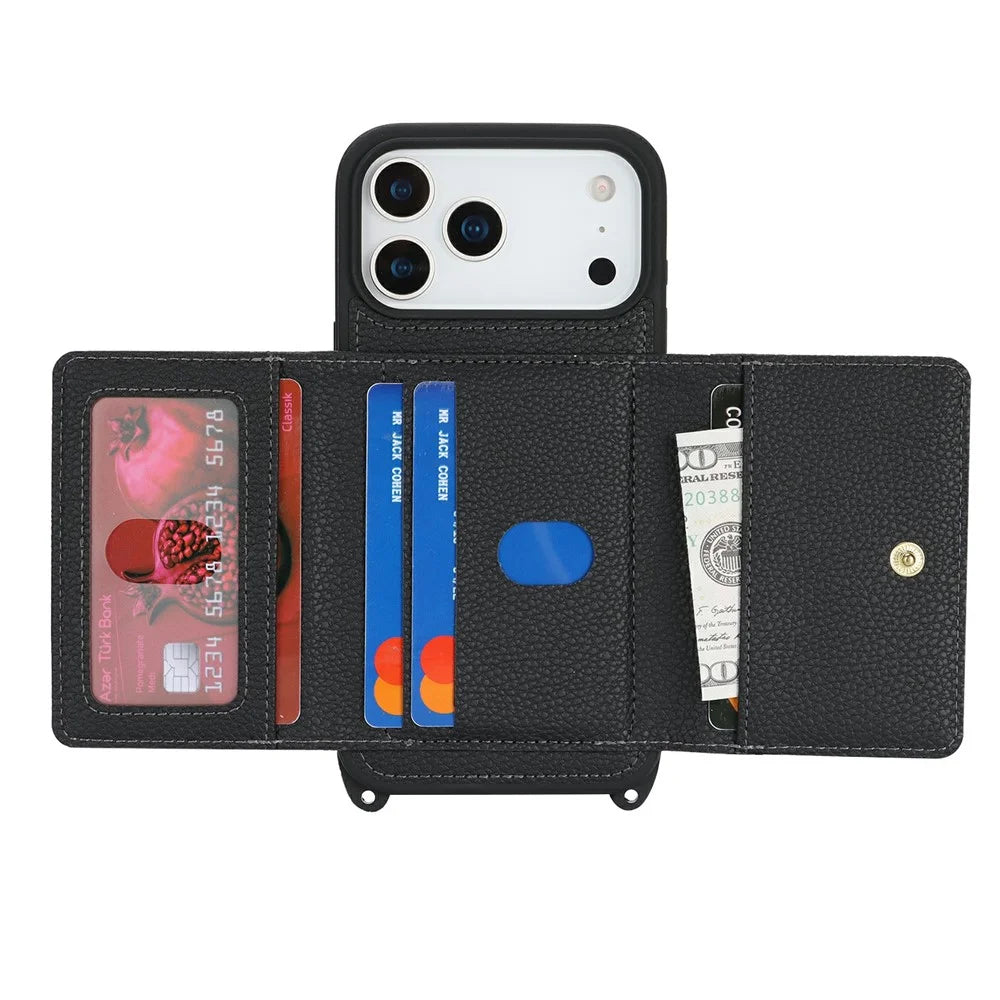 For iPhone 18 Pro / 17 Pro Case Card Bag Ring Holder Litchi Texture Leather+TPU Phone Cover with Long Strap - Black - 2