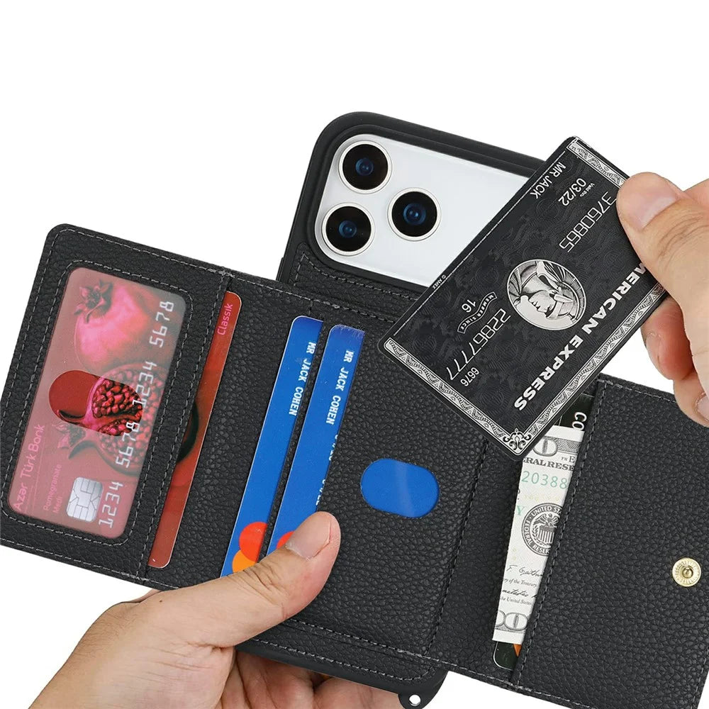 For iPhone 18 Pro / 17 Pro Case Card Bag Ring Holder Litchi Texture Leather+TPU Phone Cover with Long Strap - Black - 5