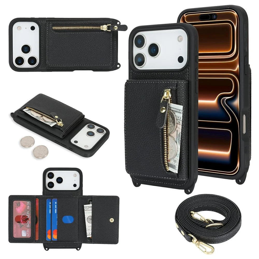 For iPhone 18 Pro Max / 17 Pro Max Case Card Bag Ring Holder Litchi Texture Leather+TPU Phone Cover with Long Strap - Black - 1