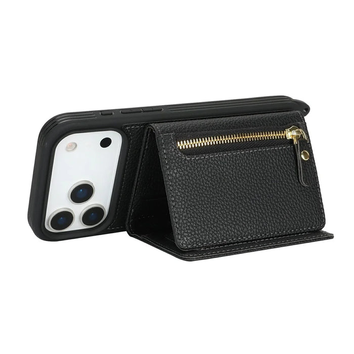 For iPhone 18 Pro Max / 17 Pro Max Case Card Bag Ring Holder Litchi Texture Leather+TPU Phone Cover with Long Strap - Black - 3
