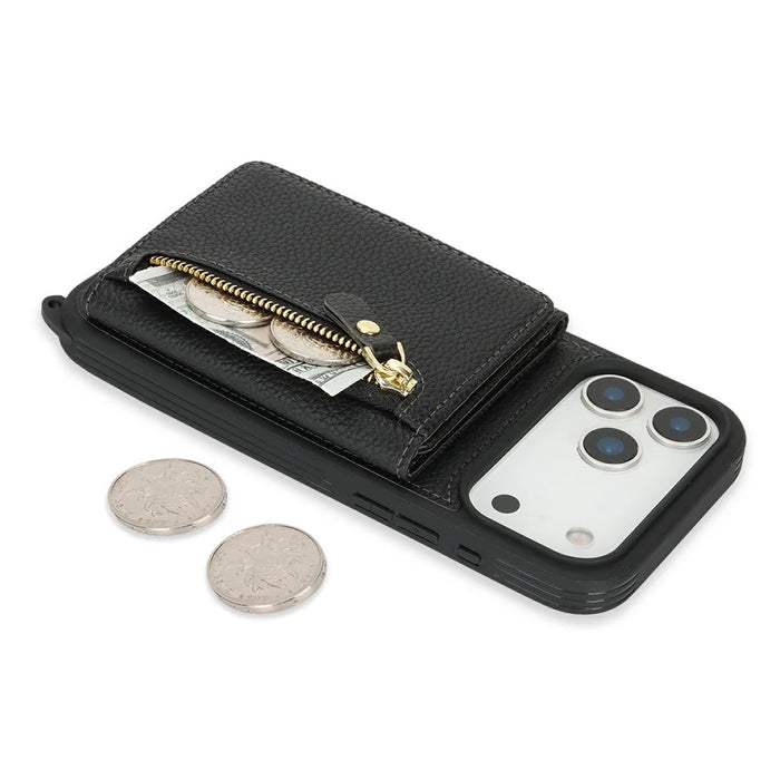 For iPhone 18 Pro Max / 17 Pro Max Case Card Bag Ring Holder Litchi Texture Leather+TPU Phone Cover with Long Strap - Black - 4