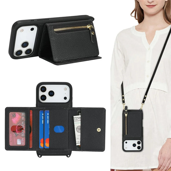 For iPhone 18 Pro Max / 17 Pro Max Case Card Bag Ring Holder Litchi Texture Leather+TPU Phone Cover with Long Strap - Black - 6