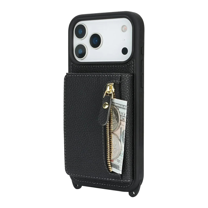 For iPhone 18 Pro Max / 17 Pro Max Case Card Bag Ring Holder Litchi Texture Leather+TPU Phone Cover with Long Strap - Black - 7