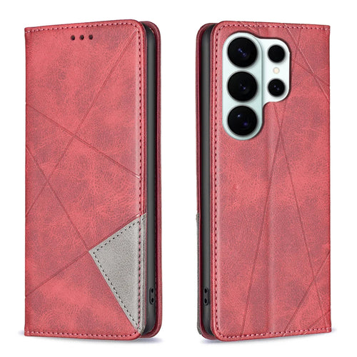 For Samsung Galaxy S26 Ultra Case Card Slots Geometry Imprint Leather Phone Cover - Red - 1