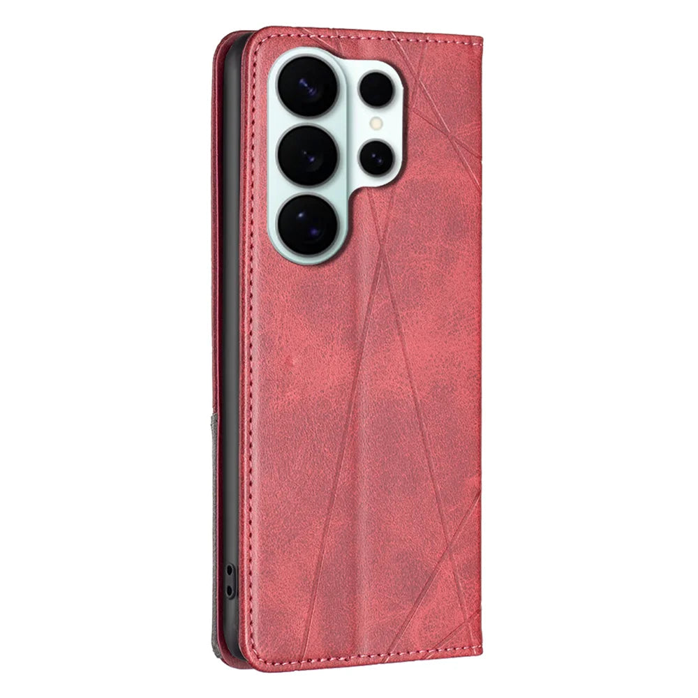 For Samsung Galaxy S26 Ultra Case Card Slots Geometry Imprint Leather Phone Cover - Red - 3