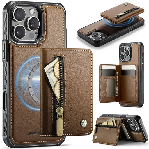 JEEHOOD For iPhone 16 Pro Case  J12 Magnetic  Detachable Zipper Wallet Kickstand Leather Back Cover Compatible with MagSafe - Brown - 1