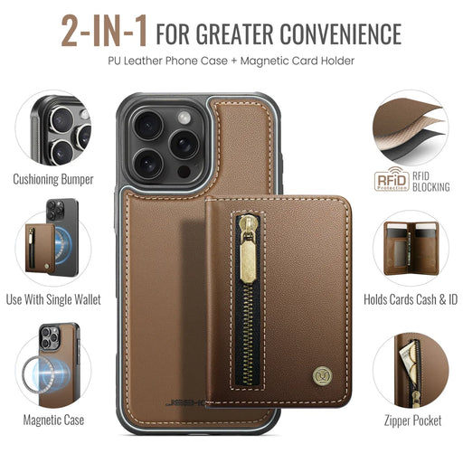 JEEHOOD For iPhone 16 Pro Case  J12 Magnetic  Detachable Zipper Wallet Kickstand Leather Back Cover Compatible with MagSafe - Brown - 2