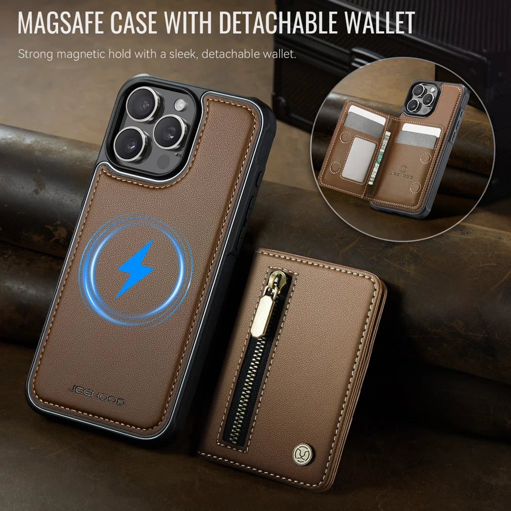 JEEHOOD For iPhone 16 Pro Case  J12 Magnetic  Detachable Zipper Wallet Kickstand Leather Back Cover Compatible with MagSafe - Brown - 4