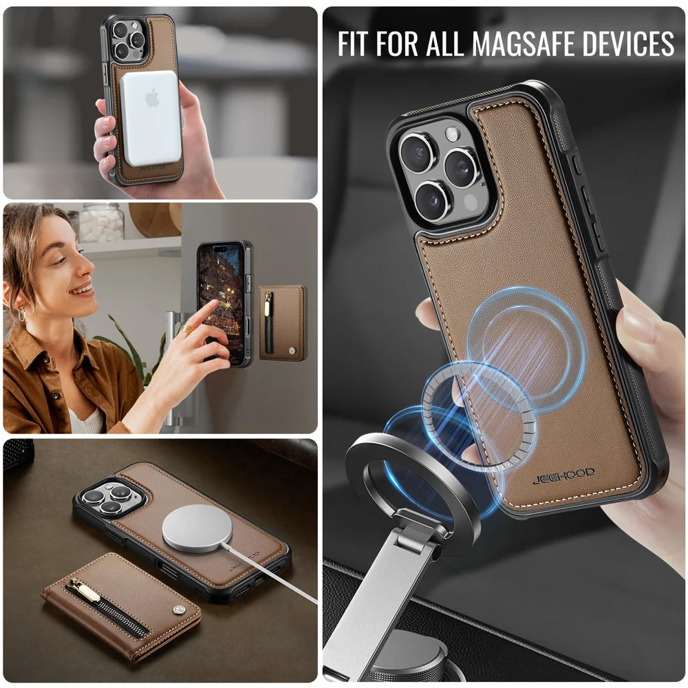 JEEHOOD For iPhone 16 Pro Case  J12 Magnetic  Detachable Zipper Wallet Kickstand Leather Back Cover Compatible with MagSafe - Brown - 6