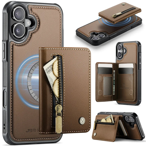 JEEHOOD For iPhone 16 Case  J12 Magnetic  Detachable Zipper Wallet Kickstand Leather Back Cover Compatible with MagSafe - Brown - 1