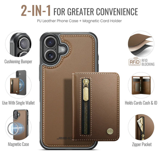 JEEHOOD For iPhone 16 Case  J12 Magnetic  Detachable Zipper Wallet Kickstand Leather Back Cover Compatible with MagSafe - Brown - 2