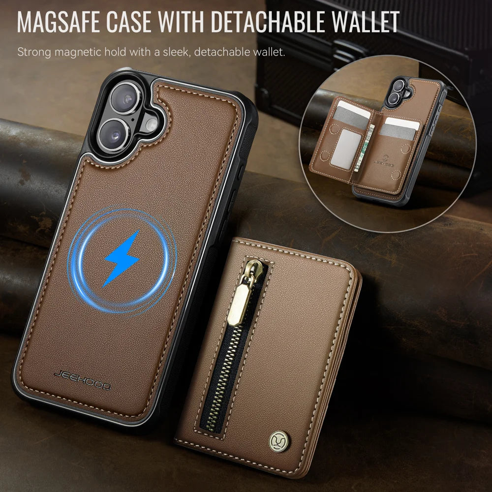 JEEHOOD For iPhone 16 Case  J12 Magnetic  Detachable Zipper Wallet Kickstand Leather Back Cover Compatible with MagSafe - Brown - 4