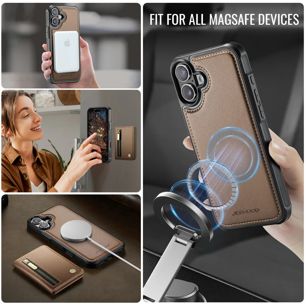 JEEHOOD For iPhone 16 Case  J12 Magnetic  Detachable Zipper Wallet Kickstand Leather Back Cover Compatible with MagSafe - Brown - 6