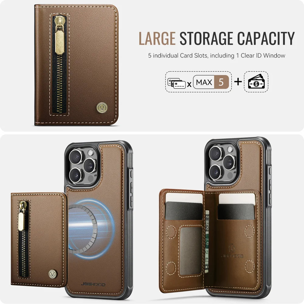 JEEHOOD For iPhone 16 Pro Max Case  J12 Magnetic  Detachable Zipper Wallet Kickstand Leather Back Cover Compatible with MagSafe - Brown - 5
