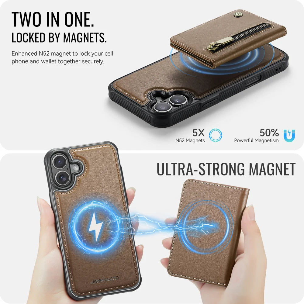 JEEHOOD For iPhone 16 Plus Case  J12 Magnetic  Detachable Zipper Wallet Kickstand Leather Back Cover Compatible with MagSafe - Brown - 3