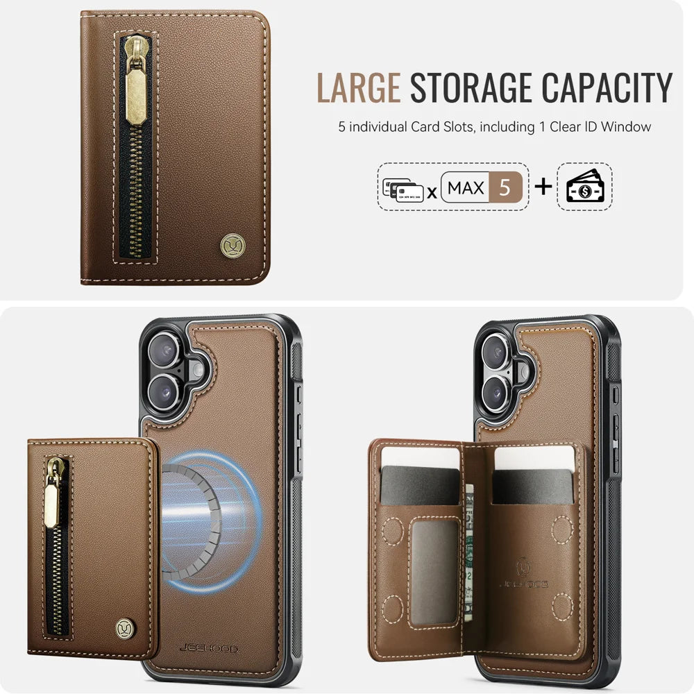 JEEHOOD For iPhone 16 Plus Case  J12 Magnetic  Detachable Zipper Wallet Kickstand Leather Back Cover Compatible with MagSafe - Brown - 5
