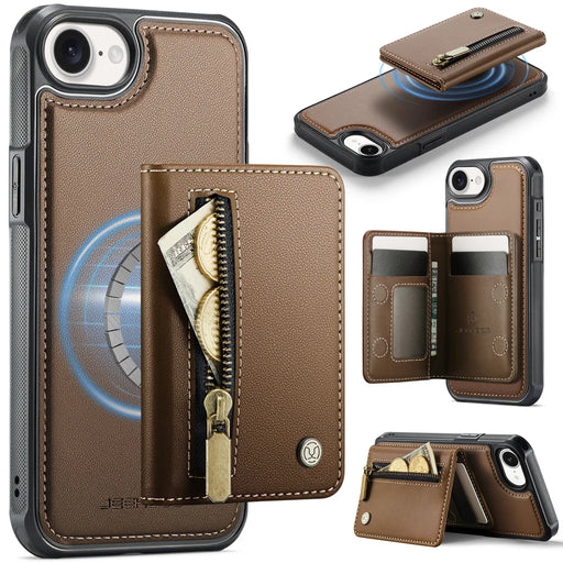 JEEHOOD For iPhone 17e / 16e Case  J12 Magnetic  Detachable Zipper Wallet Kickstand Leather Back Cover Compatible with MagSafe - Brown - 1