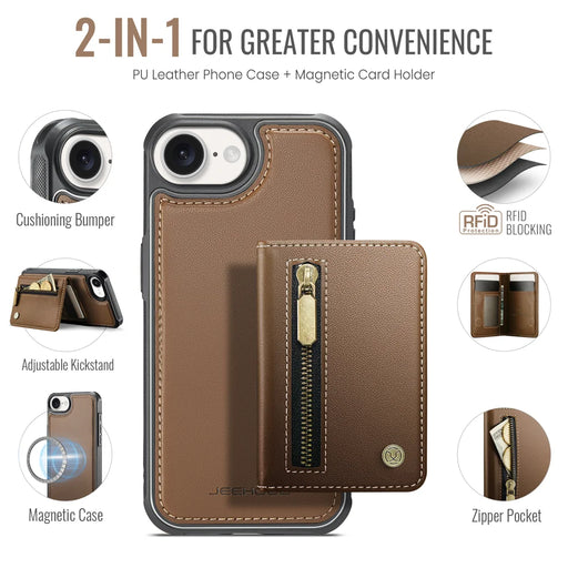 JEEHOOD For iPhone 17e / 16e Case  J12 Magnetic  Detachable Zipper Wallet Kickstand Leather Back Cover Compatible with MagSafe - Brown - 2