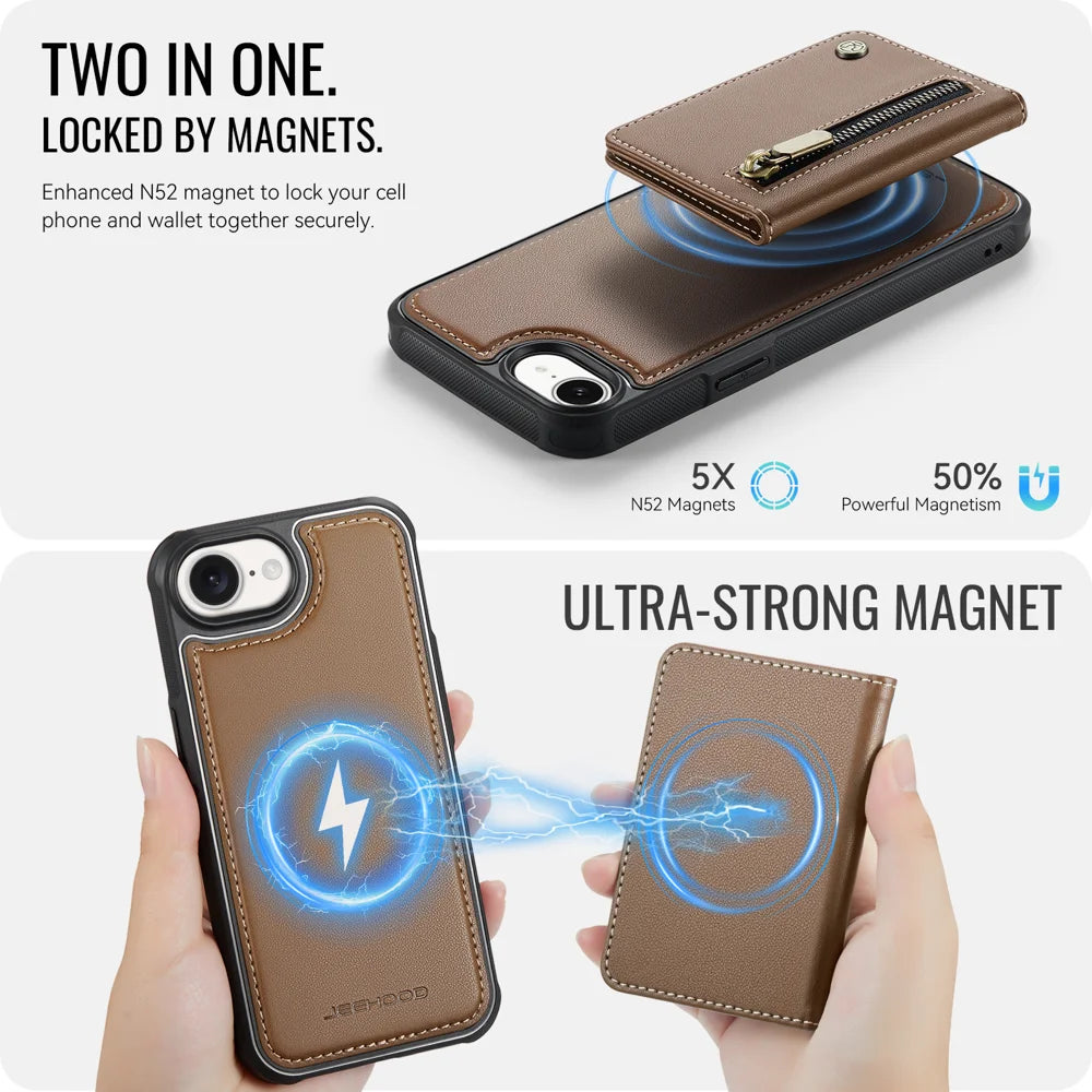 JEEHOOD For iPhone 17e / 16e Case  J12 Magnetic  Detachable Zipper Wallet Kickstand Leather Back Cover Compatible with MagSafe - Brown - 3