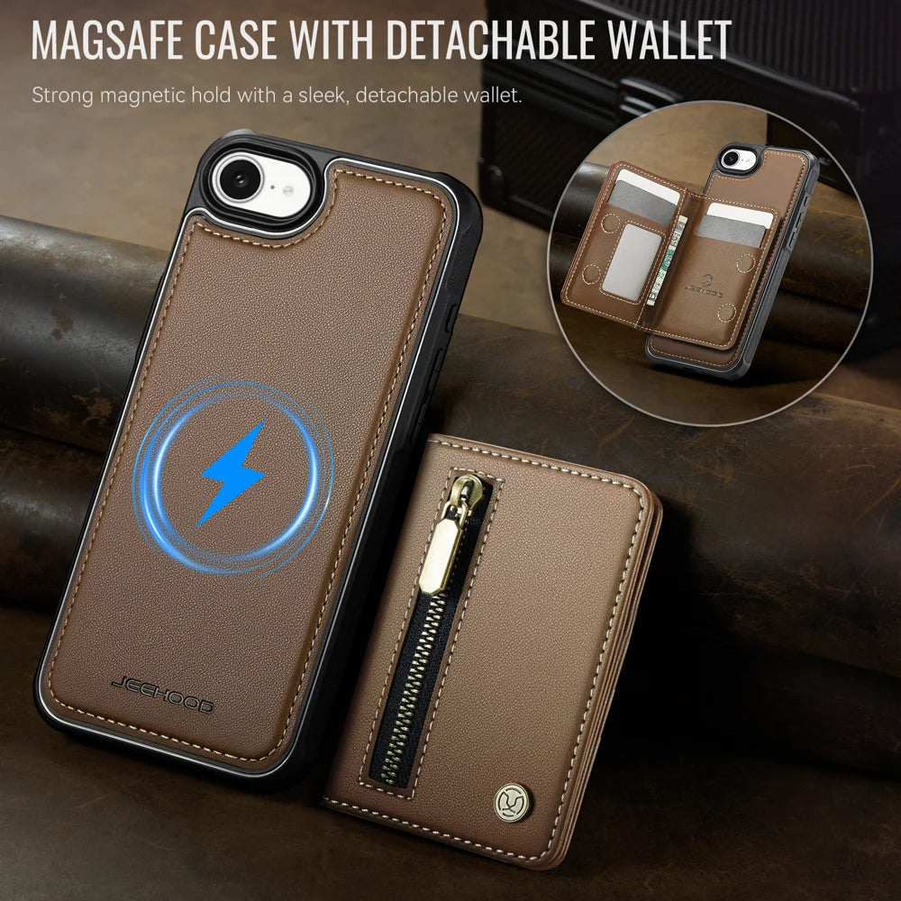 JEEHOOD For iPhone 17e / 16e Case  J12 Magnetic  Detachable Zipper Wallet Kickstand Leather Back Cover Compatible with MagSafe - Brown - 4