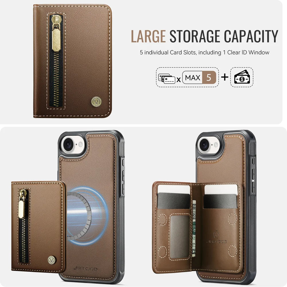 JEEHOOD For iPhone 17e / 16e Case  J12 Magnetic  Detachable Zipper Wallet Kickstand Leather Back Cover Compatible with MagSafe - Brown - 5