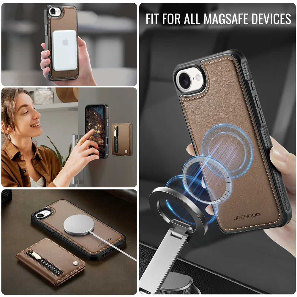 JEEHOOD For iPhone 17e / 16e Case  J12 Magnetic  Detachable Zipper Wallet Kickstand Leather Back Cover Compatible with MagSafe - Brown - 6