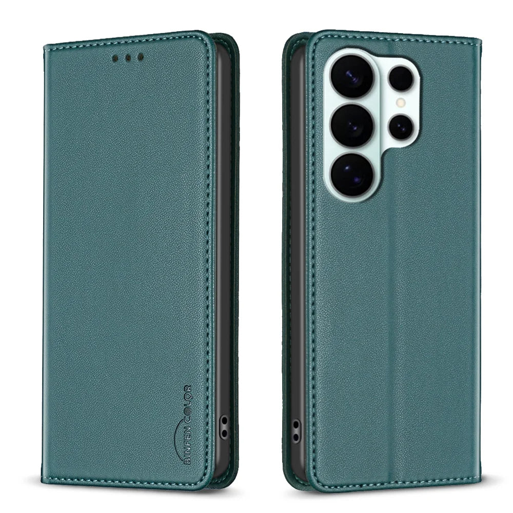 BINFEN COLOR For Samsung Galaxy S26 Ultra Leather Case  BF18 Phone Stand Cover with Card Slots - Green - 1