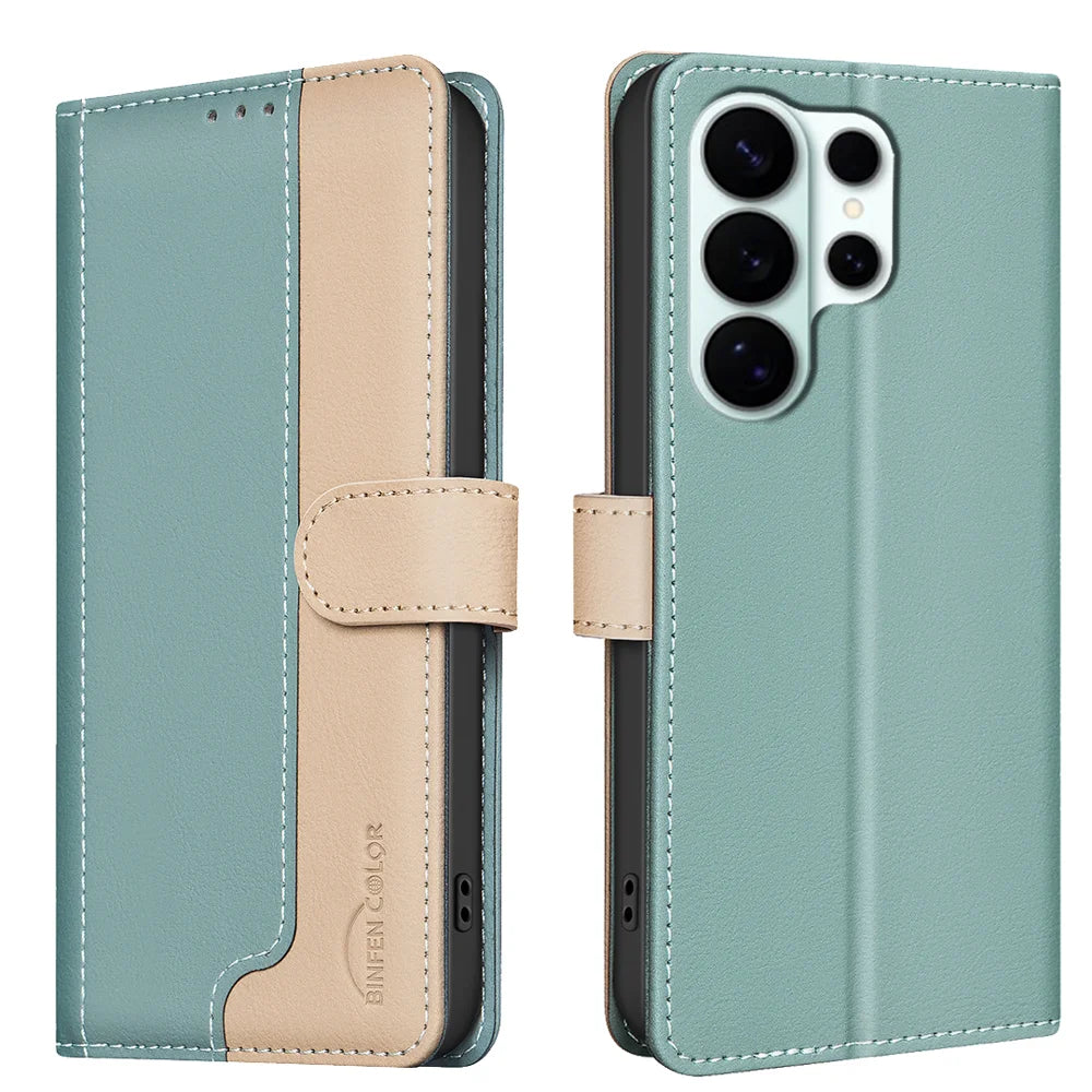 BINFEN COLOR For Samsung Galaxy S26 Ultra Leather Case  Splicing Color RFID Blocking Wallet Stand Phone Cover - Green - 1