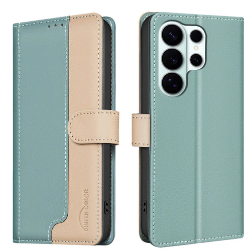 BINFEN COLOR For Samsung Galaxy S26 Ultra Leather Case  Splicing Color RFID Blocking Wallet Stand Phone Cover - Green - 1