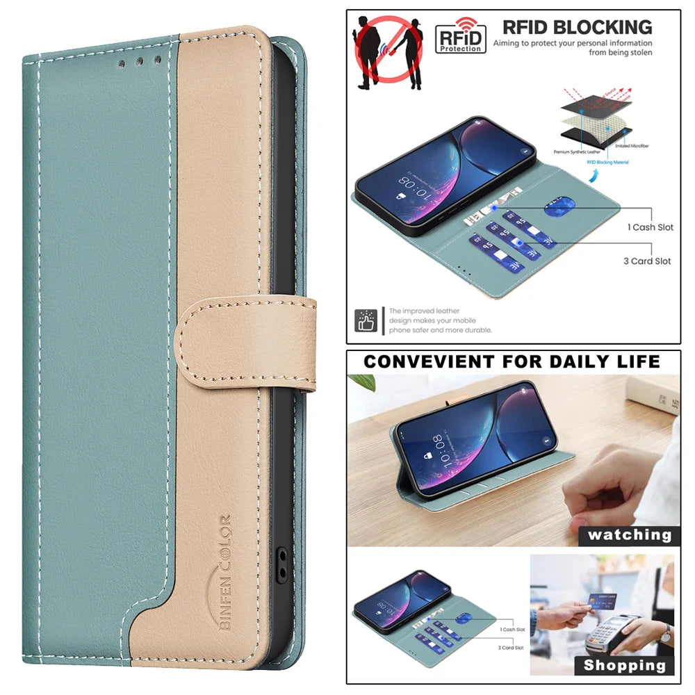 BINFEN COLOR For Samsung Galaxy S26 Ultra Leather Case  Splicing Color RFID Blocking Wallet Stand Phone Cover - Green - 4